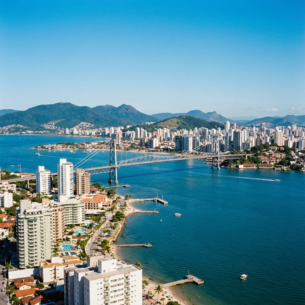 Vista panorâmica de Florianópolis com a Ponte Hercílio Luz - Área de atendimento RC Vidros e Manutenções